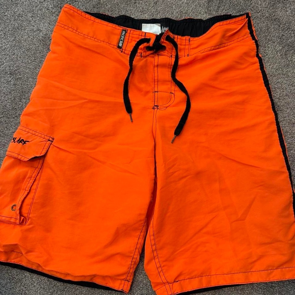 Pacific Surf by Exist Mens Orange Board Shorts Swim Trunks Size L Cargo Pocket